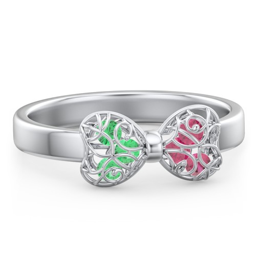 Adorable Bow Cage Ring – Sterling Silver with Emerald and Ruby