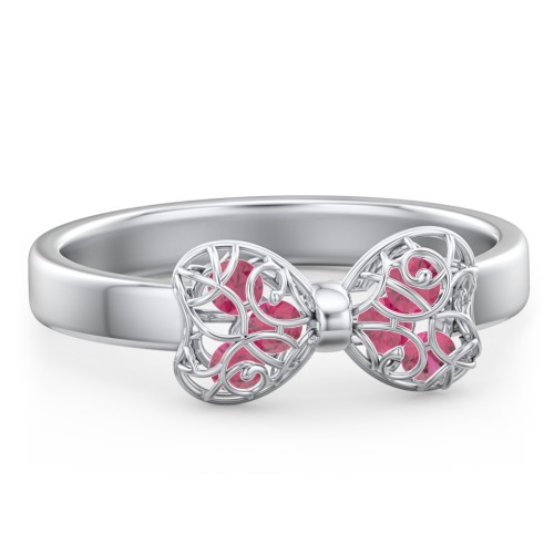 Adorable Bow Cage Ring – Sterling Silver with Ruby