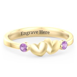 Heart-to-Heart Ring with Accent Stones in 18K Gold Plated Silver with Amethyst