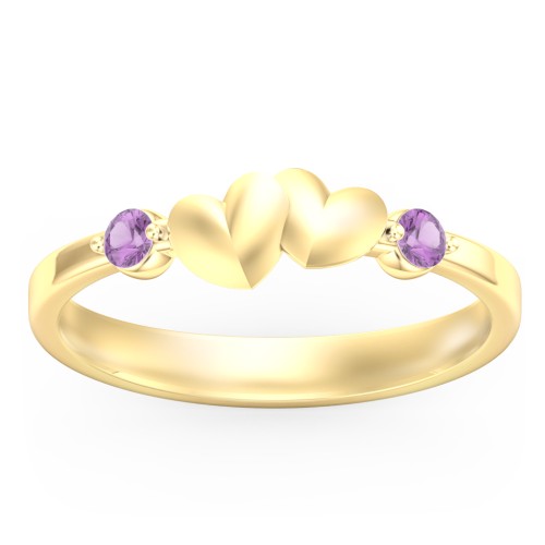 Heart-to-Heart Ring with Accent Stones – 18K Gold Plated Silver with Amethyst