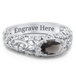 Vintage Graduation Ring in 925 Sterling Silver with Smokey Quartz and Emerald