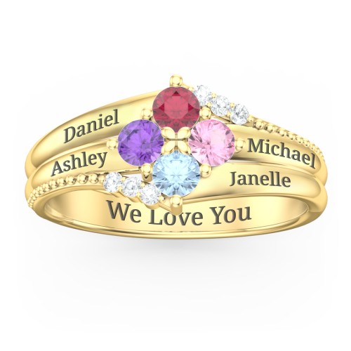 Engravable Triple Band Gemstone
Ring with Accents – 10K Yellow Gold with Ruby, Amethyst, Pink Tourmaline, Blue Topaz, and White Premium Zirconia