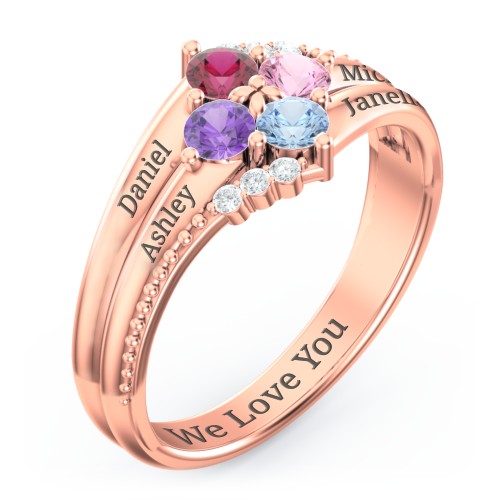 Engravable Triple Band Gemstone
Ring with Accents – 10K Rose Gold with Ruby, Amethyst, Pink Tourmaline, Blue Topaz, and White Premium Zirconia