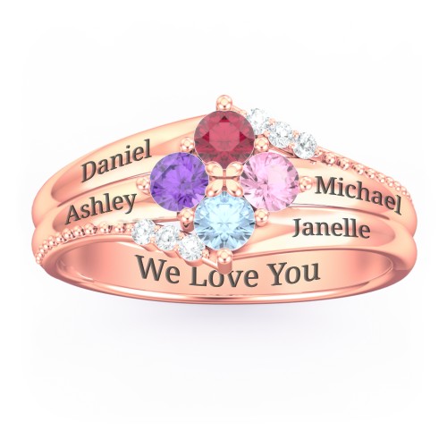 Engravable Triple Band Gemstone
Ring with Accents – 10K Rose Gold with Ruby, Amethyst, Pink Tourmaline, Blue Topaz, and White Premium Zirconia