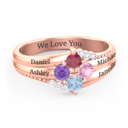 Engravable Triple Band Gemstone
Ring with Accents – 10K Rose Gold with Ruby, Amethyst, Pink Tourmaline, Blue Topaz, and White Premium Zirconia