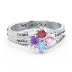 Engravable Triple Band Gemstone 
Ring with Accents – Sterling Silver with Ruby, Amethyst, Pink Tourmaline, Blue Topaz, and White Premium Zirconia