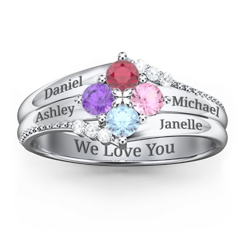 Engravable Triple Band Gemstone
Ring with Accents – Sterling Silver with Ruby, Amethyst, Pink Tourmaline, Blue Topaz, and White Premium Zirconia