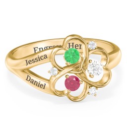 Engravable Intertwined Triple Heart Ring with Gemstones in 10K Solid Yellow Gold with Emerald, Ruby, Cubic Zirconia, and White Premium Zirconia