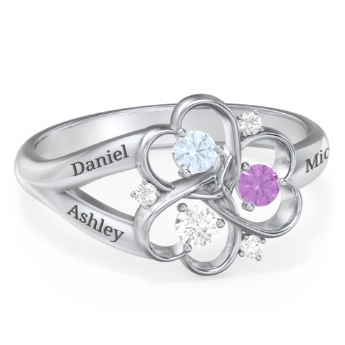 Engravable Intertwined Triple Heart Ring with Gemstones