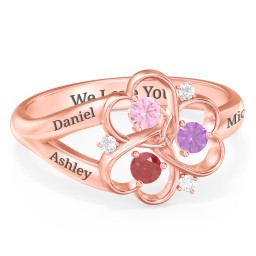 Engravable Intertwined Triple Heart Ring with Gemstones in 10K Solid Rose Gold with Pink Tourmaline, Garnet, Amethyst, and White Premium Zirconia