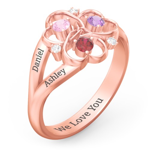 Engravable Intertwined Triple Heart Ring with Gemstones – 10K Rose Gold with Pink Tourmaline, Garnet, Amethyst, and White Premium Zirconia