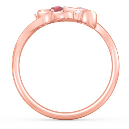 Engravable Intertwined Triple Heart Ring with Gemstones – 10K Rose Gold with Pink Tourmaline, Garnet, Amethyst, and White Premium Zirconia