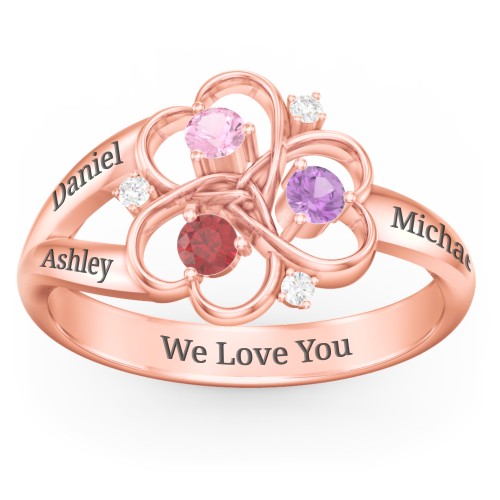 Engravable Intertwined Triple Heart Ring with Gemstones – 10K Rose Gold with Pink Tourmaline, Garnet, Amethyst, and White Premium Zirconia