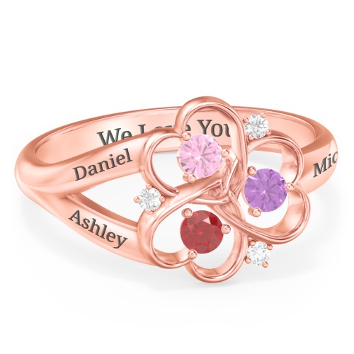 Engravable Intertwined Triple Heart Ring with Gemstones – 10K Rose Gold with Pink Tourmaline, Garnet, Amethyst, and White Premium Zirconia