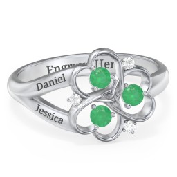 Engravable Intertwined Triple Heart Ring with Gemstones in 925 Sterling Silver with Emerald and White Premium Zirconia