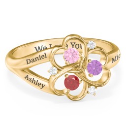 Engravable Intertwined Triple Heart Ring with Gemstones in 10K Solid Yellow Gold with Pink Tourmaline, Garnet, Amethyst, and White Premium Zirconia