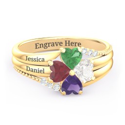 A Mother's Love and Luck Ring in 10K Solid Yellow Gold with Emerald, Ruby, Cubic Zirconia, Amethyst, and White Premium Zirconia