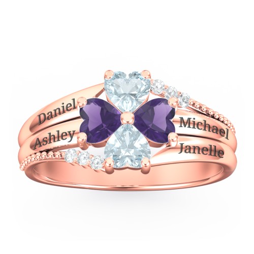 A Mother's Love and Luck Ring – 10K Rose Gold with Aquamarine, Amethyst, and White Premium Zirconia