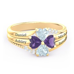 A Mother's Love and Luck Ring in 10K Solid Yellow Gold with Aquamarine, Amethyst, and White Premium Zirconia