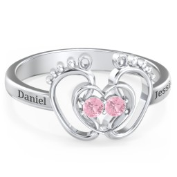 Baby Footprint and Heart Ring with Gemstones in 925 Sterling Silver with Pink Tourmaline