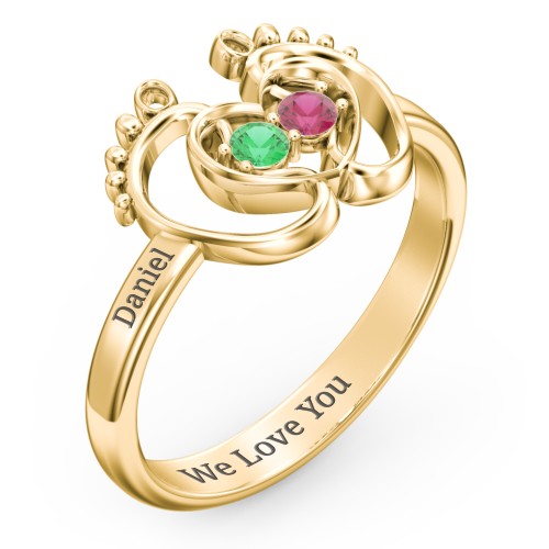 Baby Footprint and Heart Ring with Gemstones – 10K Yellow Gold with Emerald and Ruby