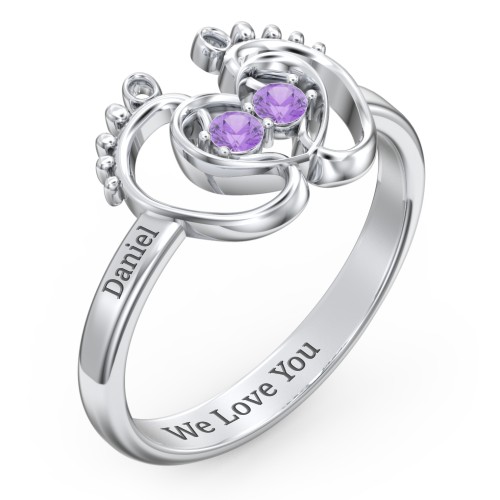 Baby Footprint and Heart Ring with Gemstones – Sterling Silver with Amethyst