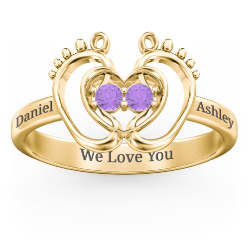 Baby Footprint and Heart Ring with Gemstones – 10K Yellow Gold with Amethyst