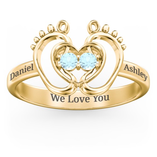 Baby Footprint and Heart Ring with Gemstones – 10K Yellow Gold with Blue Topaz