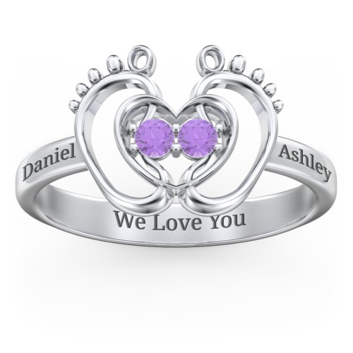 Baby Footprint and Heart Ring with Gemstones – Sterling Silver with Amethyst
