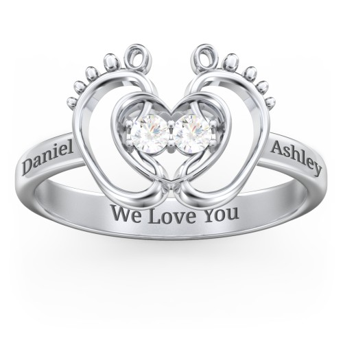 Baby Footprint and Heart Ring with Gemstones – Sterling Silver with Diamond