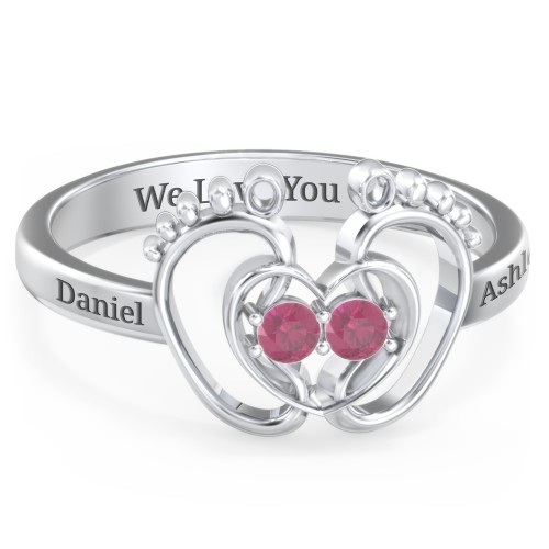 Baby Footprint and Heart Ring with Gemstones – Sterling Silver with Ruby