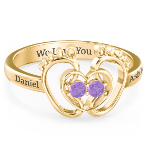 Baby Footprint and Heart Ring with Gemstones – 10K Yellow Gold with Amethyst