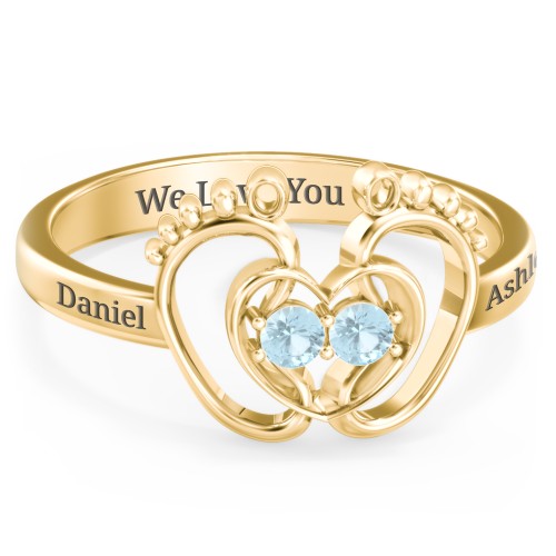 Baby Footprint and Heart Ring with Gemstones – 10K Yellow Gold with Blue Topaz