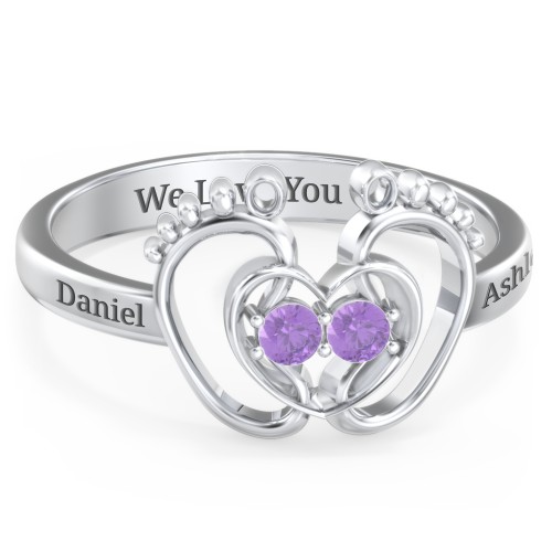 Baby Footprint and Heart Ring with Gemstones – Sterling Silver with Amethyst