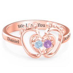 Baby Footprint and Heart Ring with Gemstones in 10K Solid Rose Gold with Blue Topaz and Amethyst