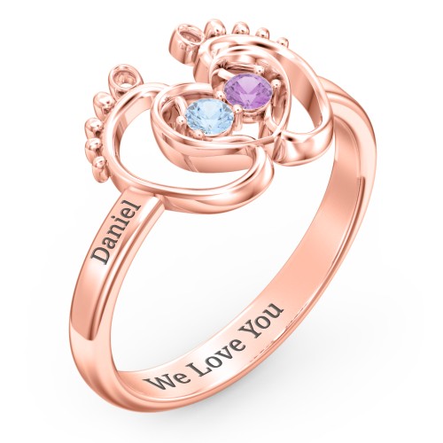 Baby Footprint and Heart Ring with Gemstones – 10K Rose Gold with Blue Topaz and Amethyst