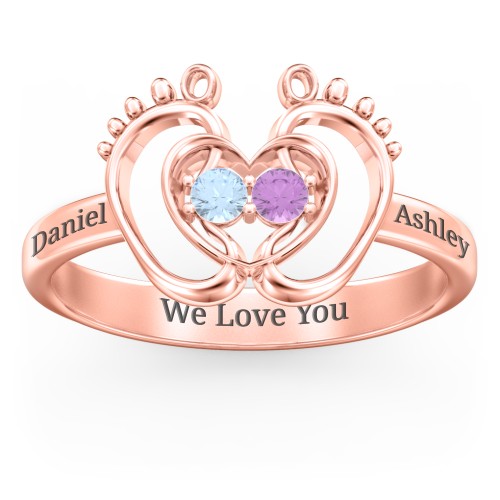 Baby Footprint and Heart Ring with Gemstones – 10K Rose Gold with Blue Topaz and Amethyst