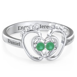 Baby Footprint and Heart Ring with Gemstones in 925 Sterling Silver with Emerald