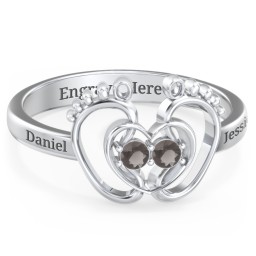 Baby Footprint and Heart Ring with Gemstones in 925 Sterling Silver with Smokey Quartz