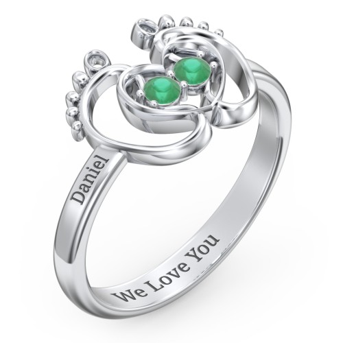 Baby Footprint and Heart Ring with Gemstones – Sterling Silver with Emerald