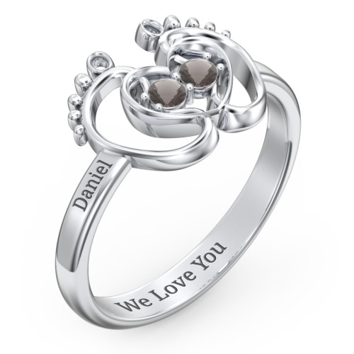 Baby Footprint and Heart Ring with Gemstones – Sterling Silver with Smokey Quartz