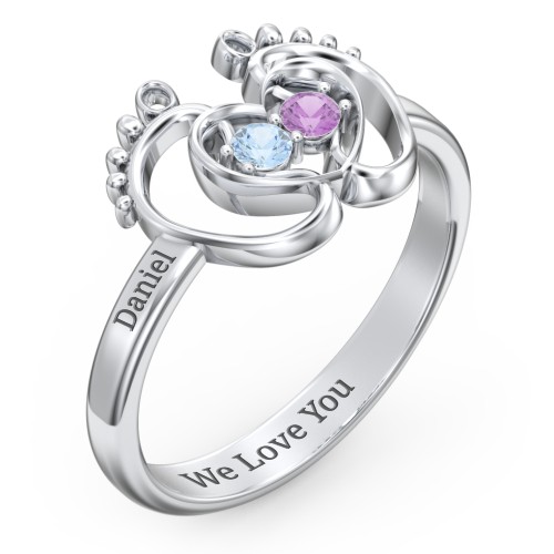 Baby Footprint and Heart Ring with Gemstones – Sterling Silver with Blue Topaz and Amethyst