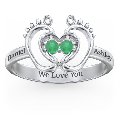 Baby Footprint and Heart Ring with Gemstones – Sterling Silver with Emerald