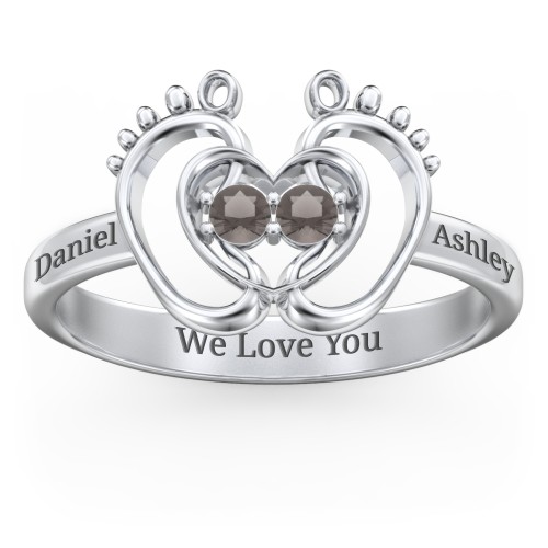 Baby Footprint and Heart Ring with Gemstones – Sterling Silver with Smokey Quartz