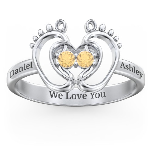 Baby Footprint and Heart Ring with Gemstones – Sterling Silver with Citrine