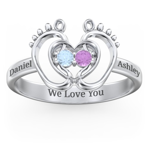 Baby Footprint and Heart Ring with Gemstones – Sterling Silver with Blue Topaz and Amethyst