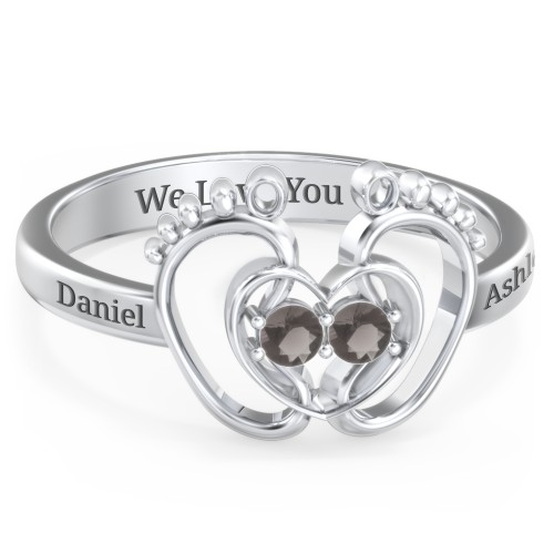 Baby Footprint and Heart Ring with Gemstones – Sterling Silver with Smokey Quartz