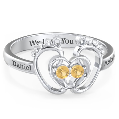 Baby Footprint and Heart Ring with Gemstones – Sterling Silver with Citrine