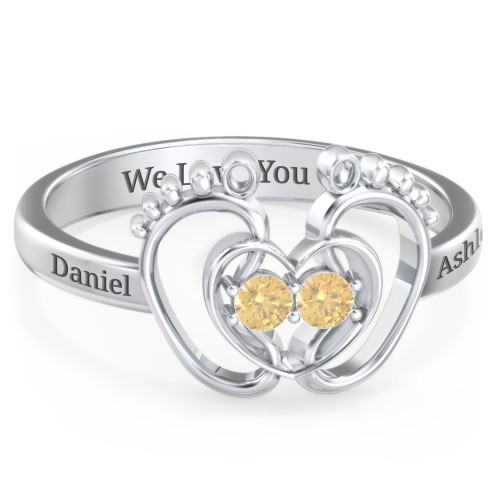Baby Footprint and Heart Ring with Gemstones – Sterling Silver with Citrine