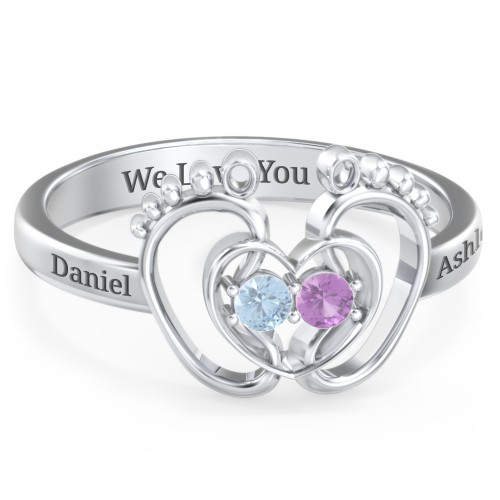 Baby Footprint and Heart Ring with Gemstones – Sterling Silver with Blue Topaz and Amethyst